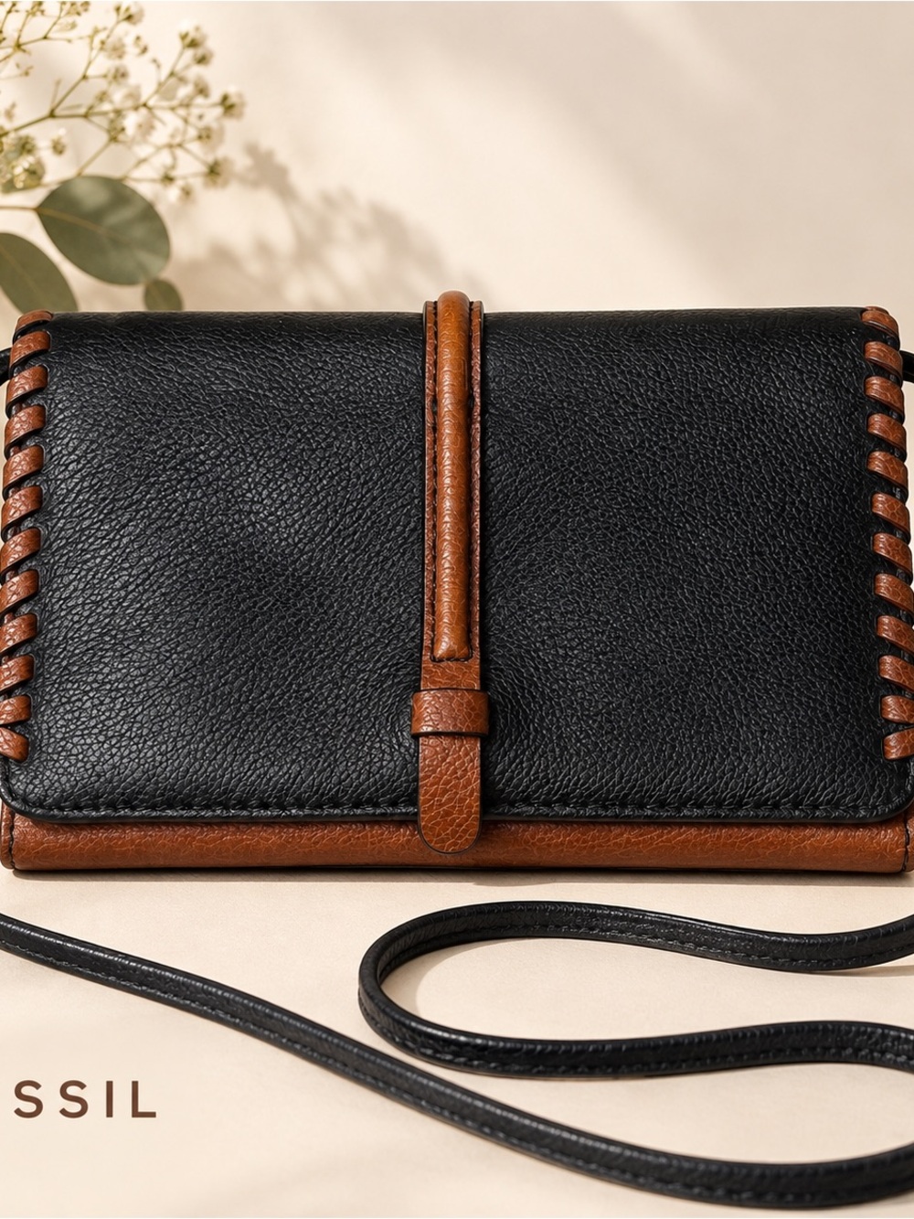Fossil Black and Brown Leather Whipstitch Crossbody